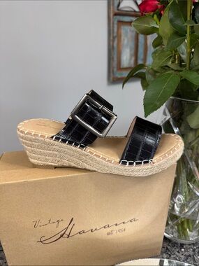 Vintage Havana Black Faux-Croc Espadrille Wedge Slides NEW 8.5